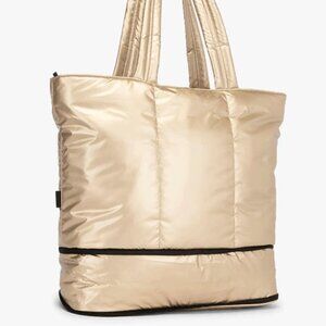 CALPAK Luka Expandable Laptop Bag / Gold Puffy Tote w/ Luggage Sleeve